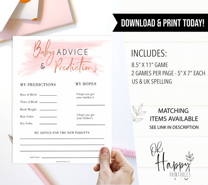 baby advice and predictions Pink Swash theme baby shower games, Printable baby Shower games, fun baby shower games, popular baby shower games