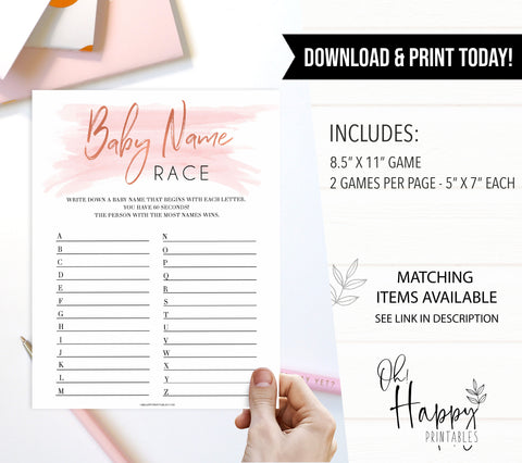 Baby name race pink game, printable baby shower games, baby shower games, fun baby shower games, popular baby shower games