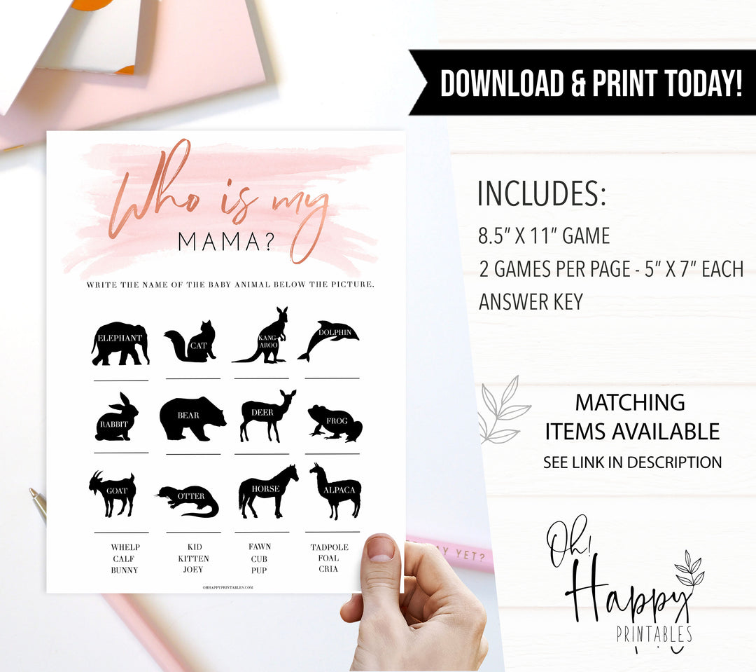 Pink Swash Who is My Mommy Animal Game, Who is my Mama Game, Printable Baby Shower Games, Baby Shower, Who is my Mama, Animal Baby Game, printable baby shower games, fun baby shower games, popular baby shower games