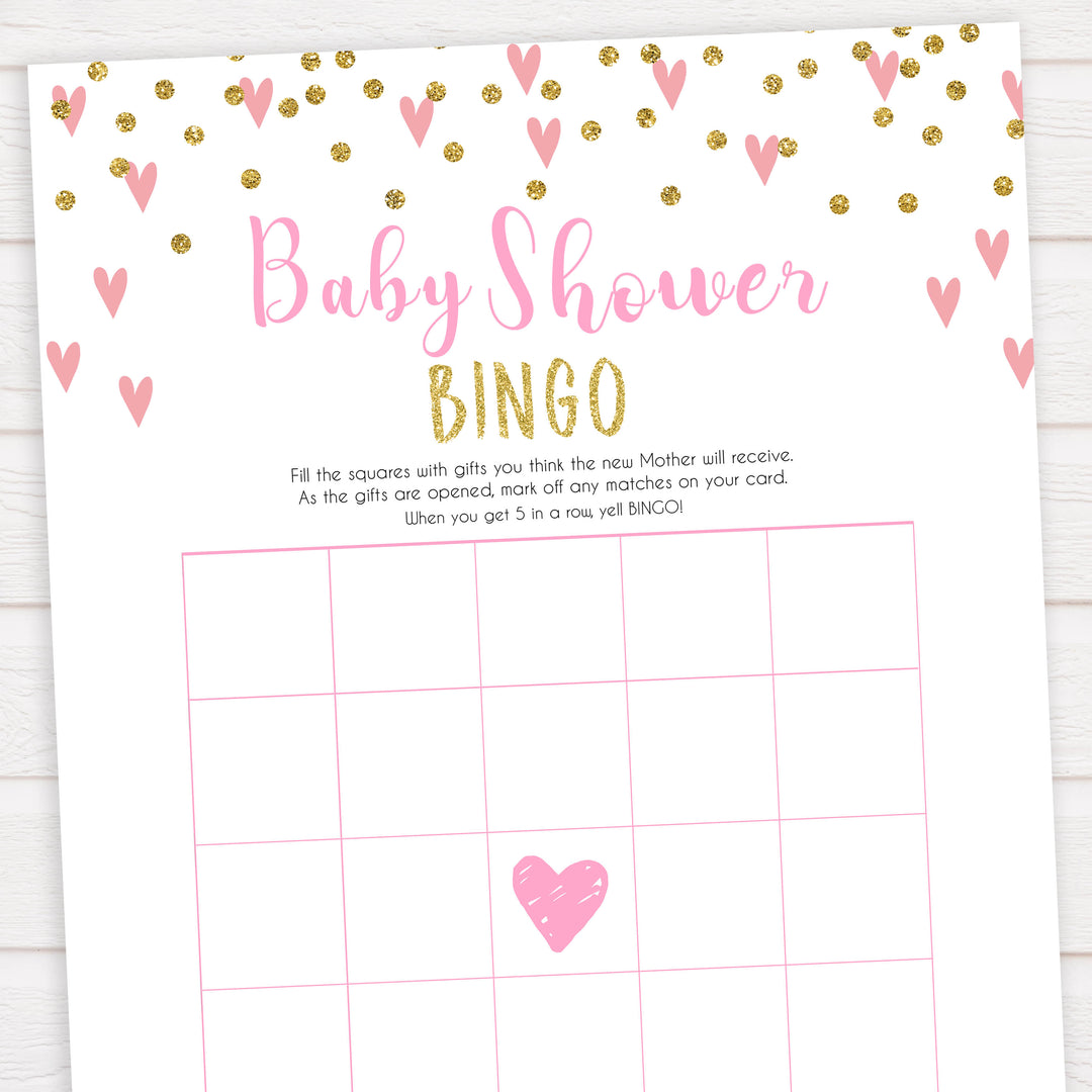 pink hearts baby shower, baby shower bingo baby game, printable baby games, pink baby games, girl baby games, top 10 baby games, fun baby games