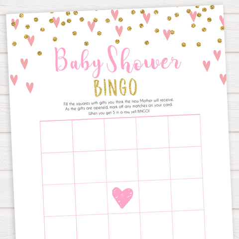pink hearts baby shower, baby shower bingo baby game, printable baby games, pink baby games, girl baby games, top 10 baby games, fun baby games