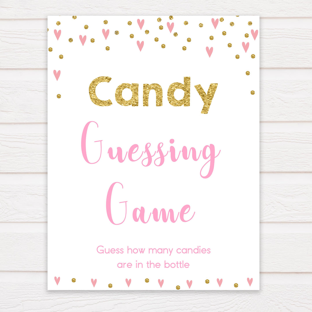pink hearts candy guessing game, baby shower games, candy guessing game, how many candies, funny baby shower games, popular baby shower games