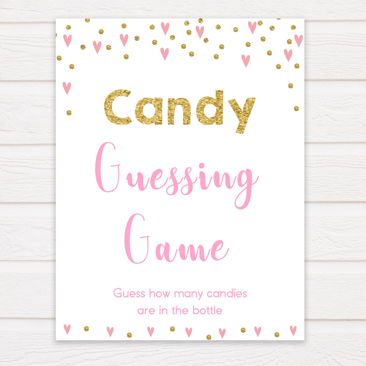 pink hearts candy guessing game, baby shower games, candy guessing game, how many candies, funny baby shower games, popular baby shower games