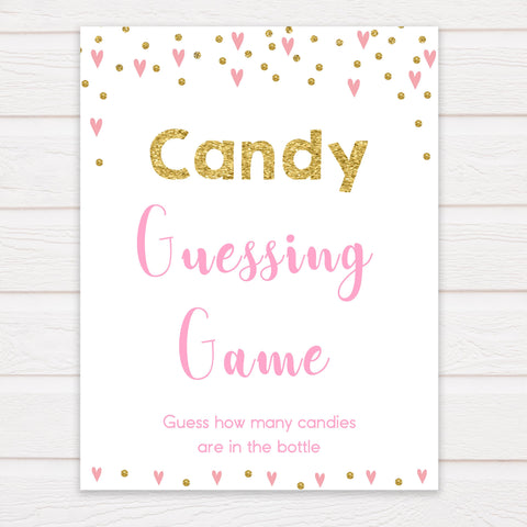 pink hearts candy guessing game, baby shower games, candy guessing game, how many candies, funny baby shower games, popular baby shower games