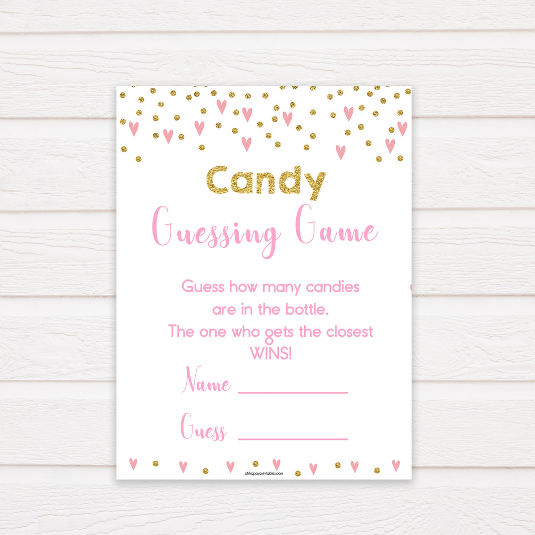 pink hearts candy guessing game, baby shower games, candy guessing game, how many candies, funny baby shower games, popular baby shower games