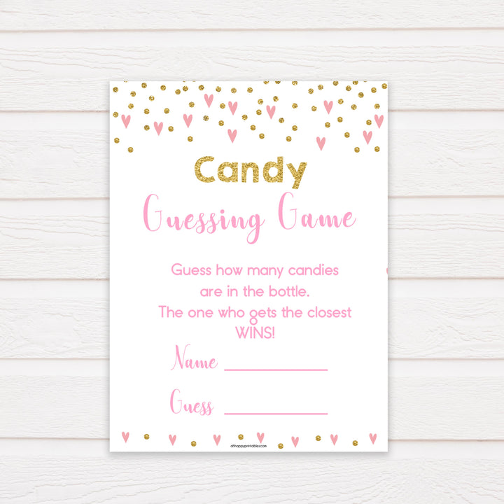 pink hearts candy guessing game, baby shower games, candy guessing game, how many candies, funny baby shower games, popular baby shower games