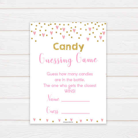 pink hearts candy guessing game, baby shower games, candy guessing game, how many candies, funny baby shower games, popular baby shower games