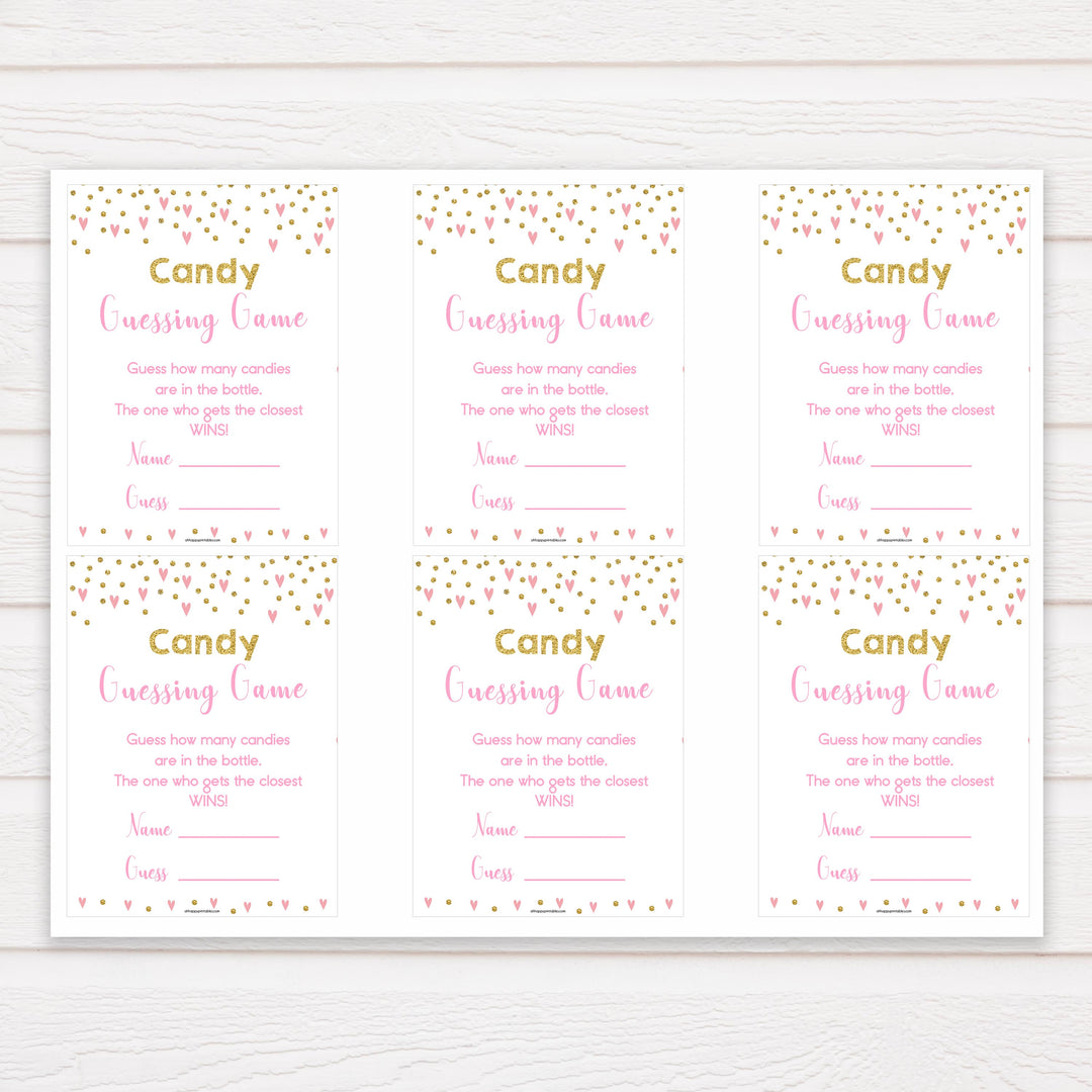 pink hearts candy guessing game, baby shower games, candy guessing game, how many candies, funny baby shower games, popular baby shower games
