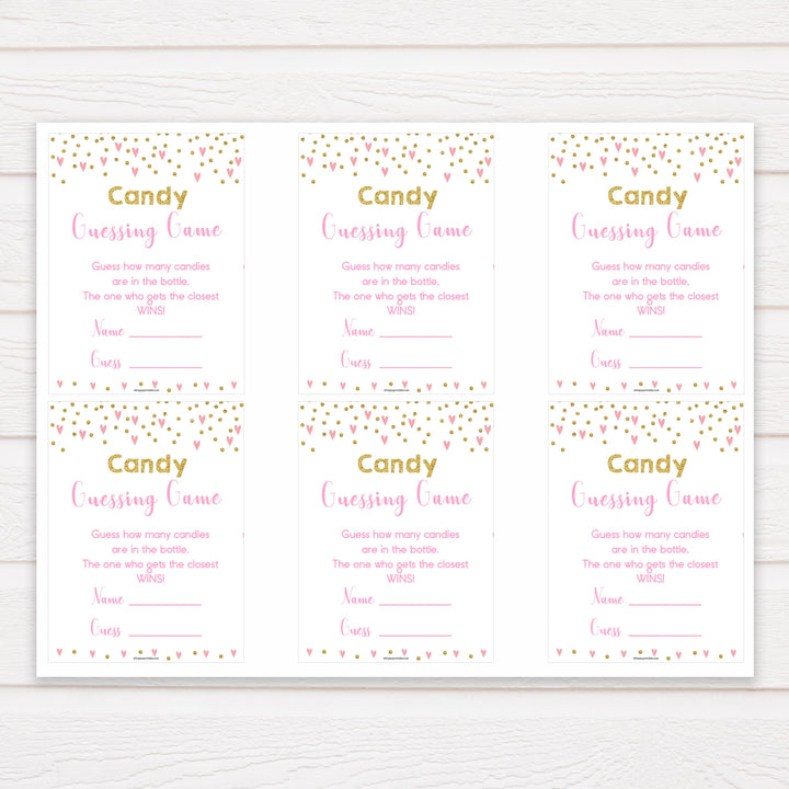 pink hearts candy guessing game, baby shower games, candy guessing game, how many candies, funny baby shower games, popular baby shower games