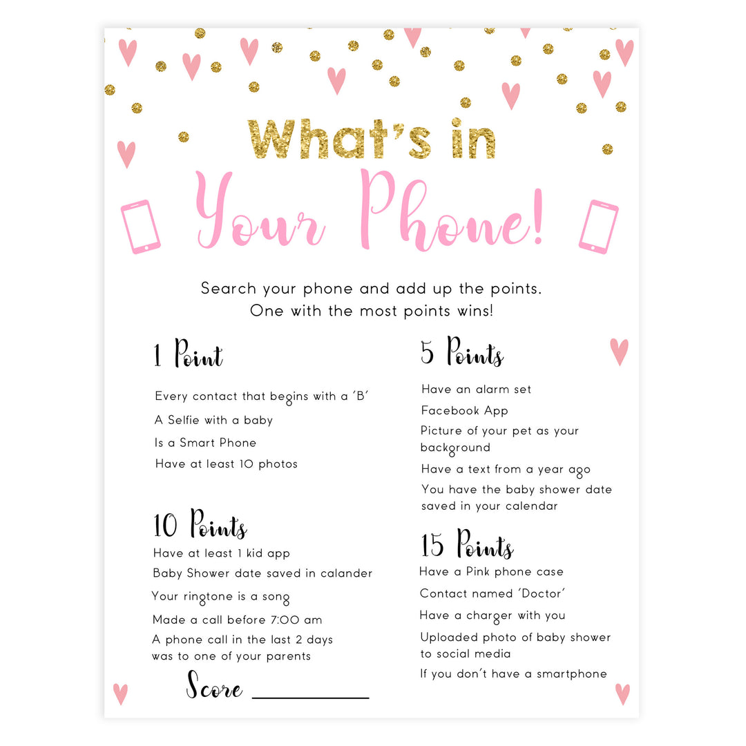 Small pink hearts baby game, whats in your phone game, fun baby games, top baby games, printable baby games, girl baby games, pink baby shower, 10 best baby games