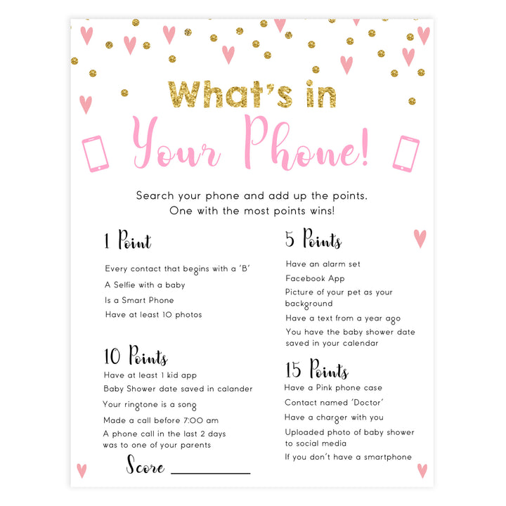 Small pink hearts baby game, whats in your phone game, fun baby games, top baby games, printable baby games, girl baby games, pink baby shower, 10 best baby games