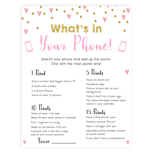 Small pink hearts baby game, whats in your phone game, fun baby games, top baby games, printable baby games, girl baby games, pink baby shower, 10 best baby games