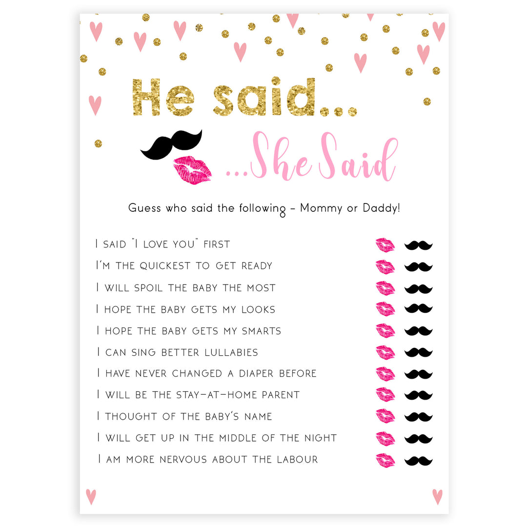 pink hearts baby shower, he said she said baby game, printable baby games, pink baby games, girl baby games, top 10 baby games, fun baby games