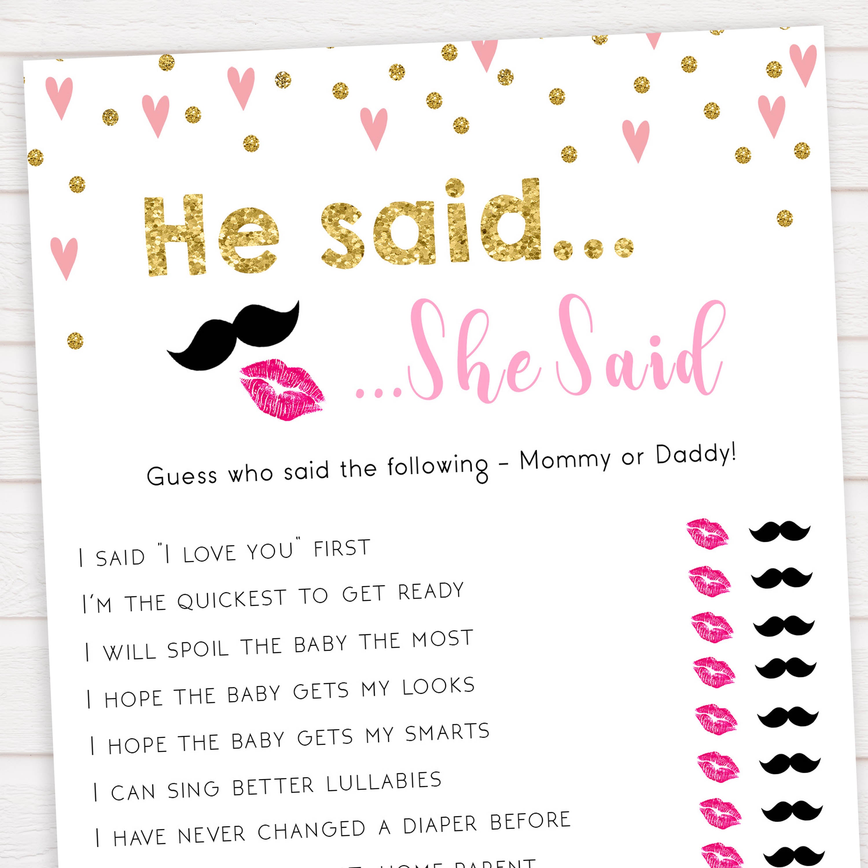 pink hearts baby shower, he said she said baby game, printable baby games, pink baby games, girl baby games, top 10 baby games, fun baby games