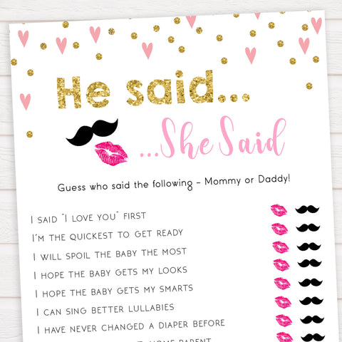 pink hearts baby shower, he said she said baby game, printable baby games, pink baby games, girl baby games, top 10 baby games, fun baby games