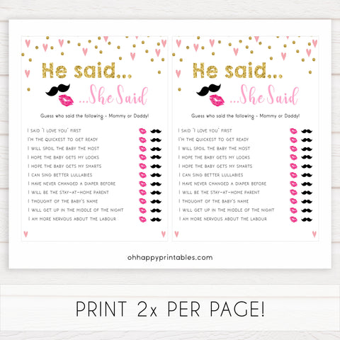 pink hearts baby shower, he said she said baby game, printable baby games, pink baby games, girl baby games, top 10 baby games, fun baby games