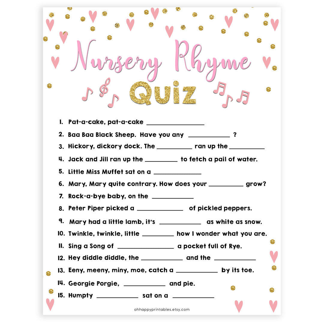 pink hearts baby shower, nursery rhyme quiz baby game, printable baby games, pink baby games, girl baby games, top 10 baby games, fun baby games
