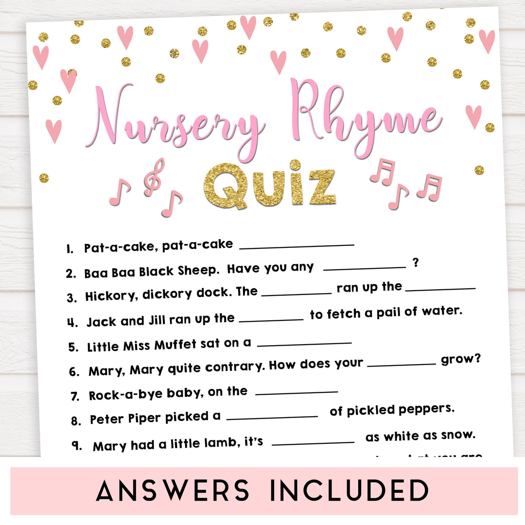 pink hearts baby shower, nursery rhyme quiz baby game, printable baby games, pink baby games, girl baby games, top 10 baby games, fun baby games