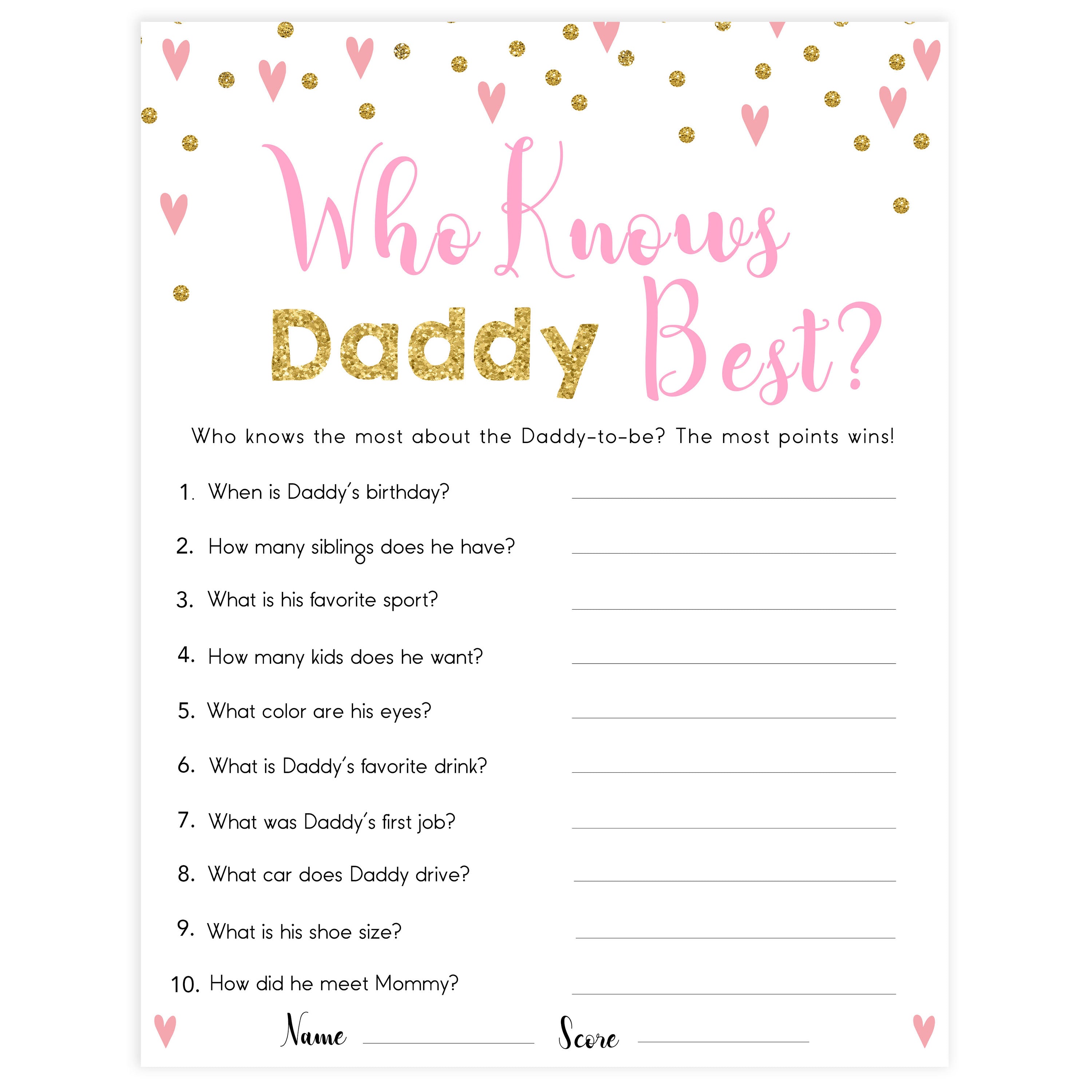 Small pink hearts baby game, who knows daddy best game, fun baby games, top baby games, printable baby games, girl baby games, pink baby shower, 10 best baby games