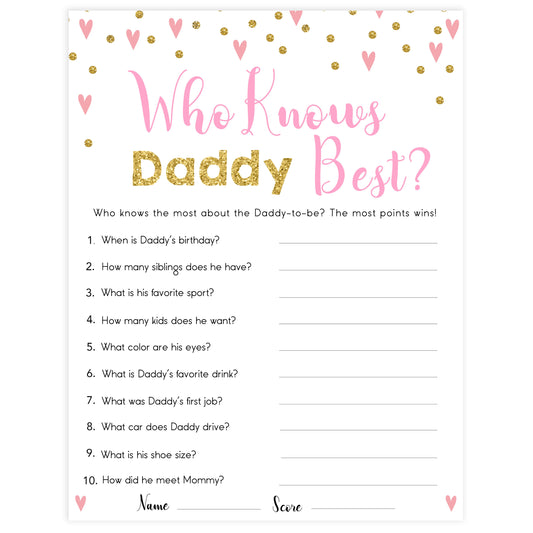Small pink hearts baby game, who knows daddy best game, fun baby games, top baby games, printable baby games, girl baby games, pink baby shower, 10 best baby games