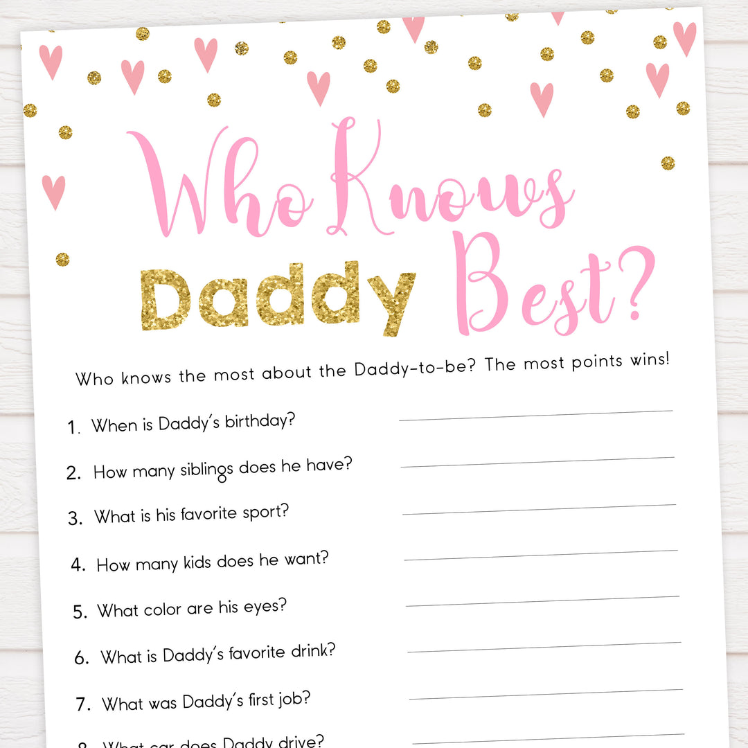 Small pink hearts baby game, who knows daddy best game, fun baby games, top baby games, printable baby games, girl baby games, pink baby shower, 10 best baby games