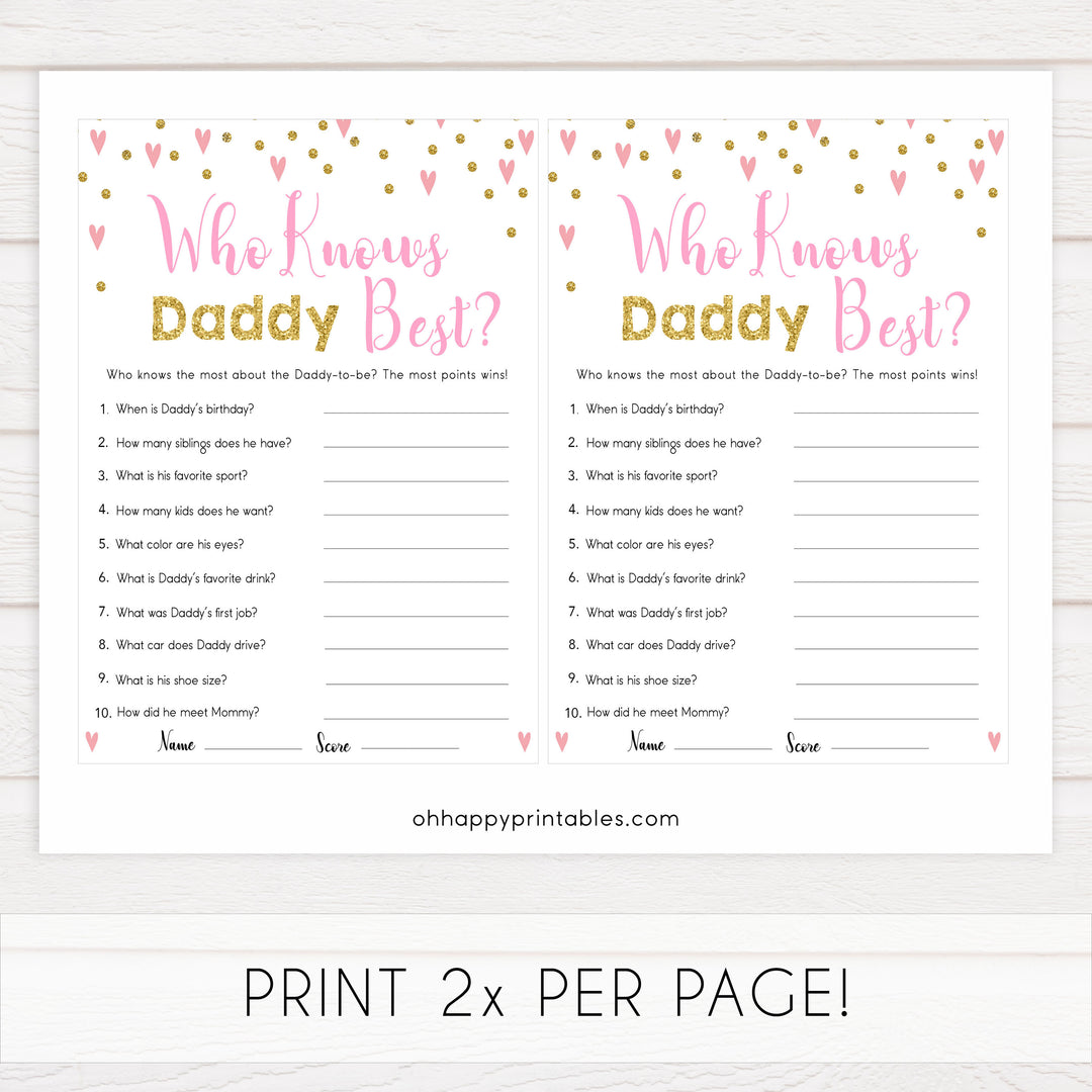 Small pink hearts baby game, who knows daddy best game, fun baby games, top baby games, printable baby games, girl baby games, pink baby shower, 10 best baby games