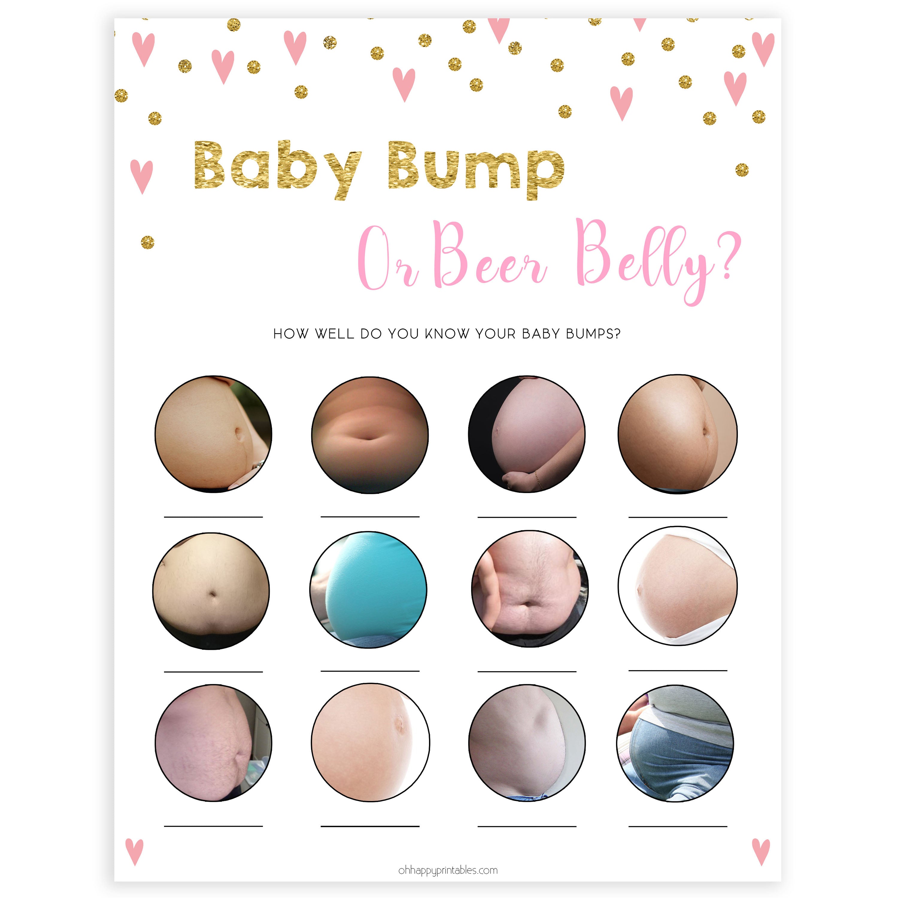 pink hearts baby shower, baby bump or beer belly baby game, printable baby games, pink baby games, girl baby games, top 10 baby games, fun baby games