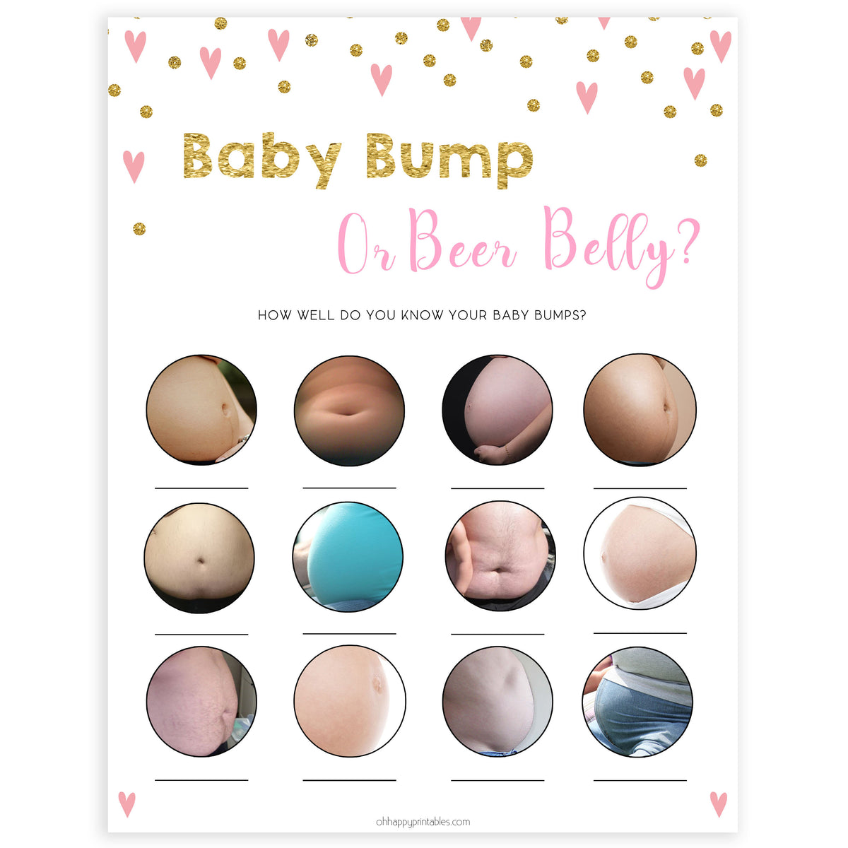 pink hearts baby shower, baby bump or beer belly baby game, printable baby games, pink baby games, girl baby games, top 10 baby games, fun baby games