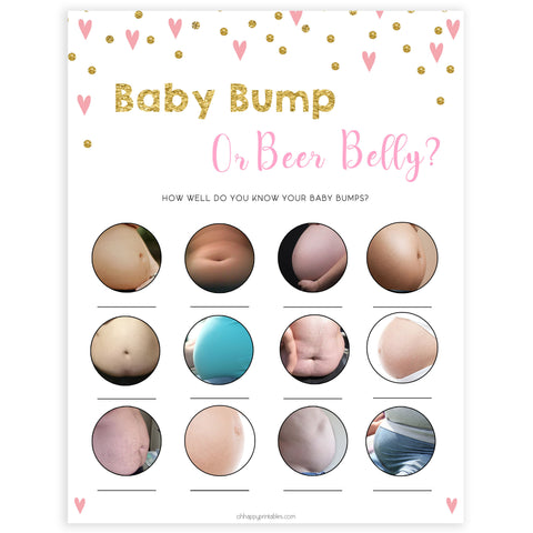 pink hearts baby shower, baby bump or beer belly baby game, printable baby games, pink baby games, girl baby games, top 10 baby games, fun baby games