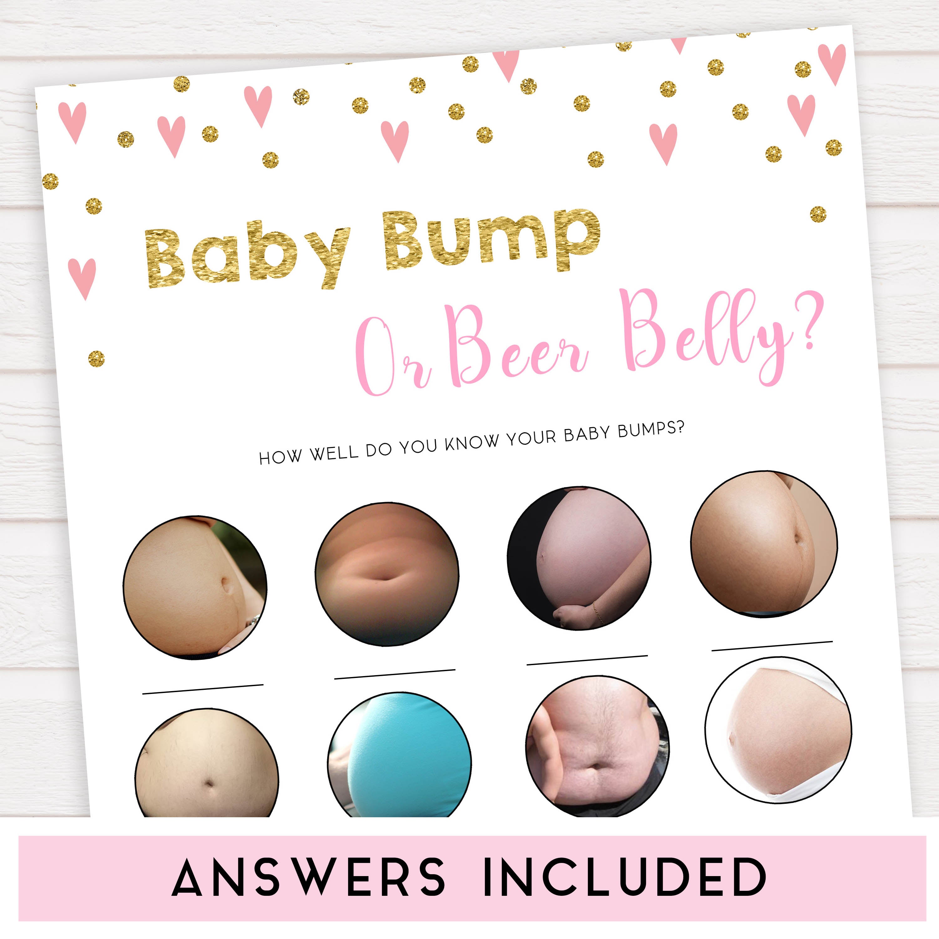 pink hearts baby shower, baby bump or beer belly baby game, printable baby games, pink baby games, girl baby games, top 10 baby games, fun baby games