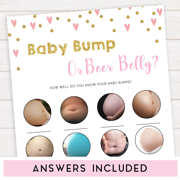 pink hearts baby shower, baby bump or beer belly baby game, printable baby games, pink baby games, girl baby games, top 10 baby games, fun baby games
