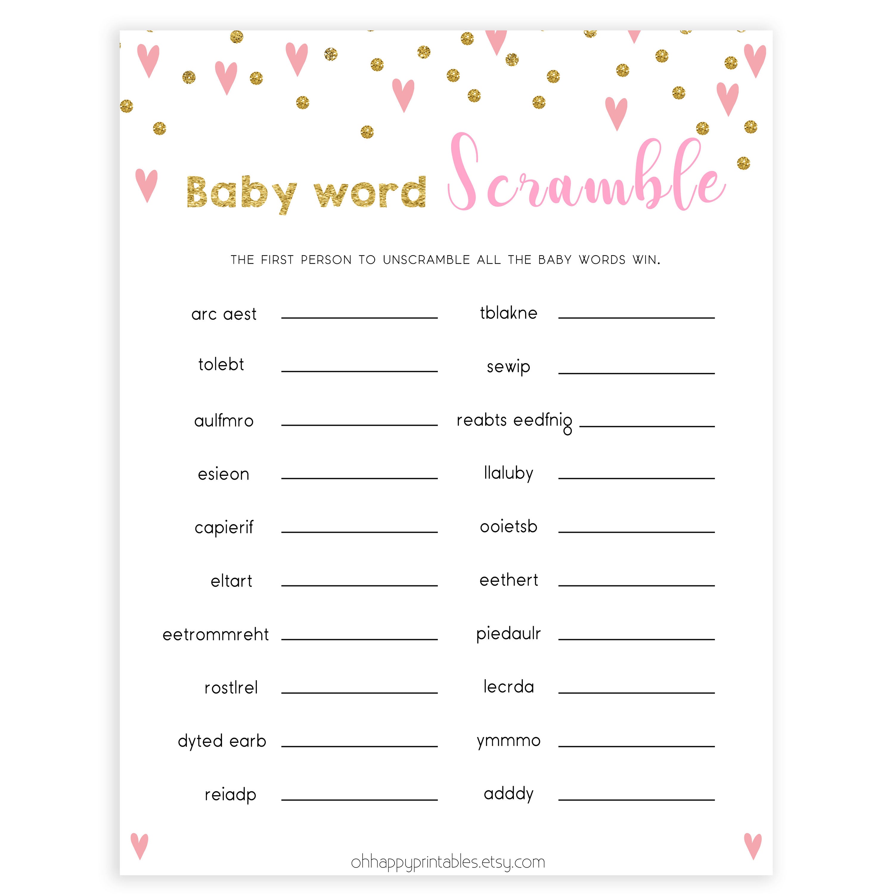 pink hearts baby shower, baby word scramble baby game, printable baby games, pink baby games, girl baby games, top 10 baby games, fun baby games