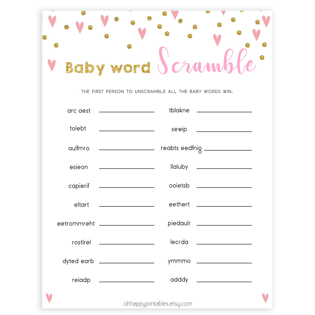pink hearts baby shower, baby word scramble baby game, printable baby games, pink baby games, girl baby games, top 10 baby games, fun baby games