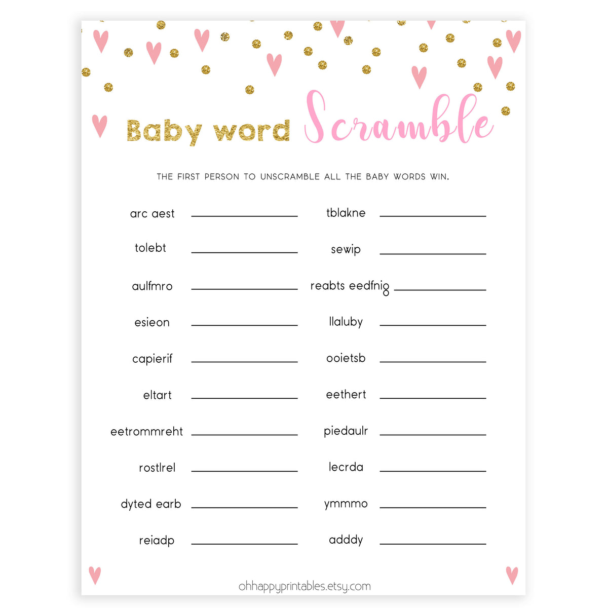 pink hearts baby shower, baby word scramble baby game, printable baby games, pink baby games, girl baby games, top 10 baby games, fun baby games