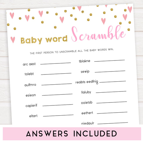 pink hearts baby shower, baby word scramble baby game, printable baby games, pink baby games, girl baby games, top 10 baby games, fun baby games