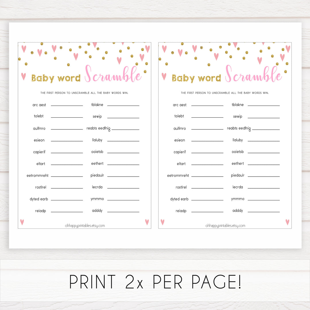 pink hearts baby shower, baby word scramble baby game, printable baby games, pink baby games, girl baby games, top 10 baby games, fun baby games