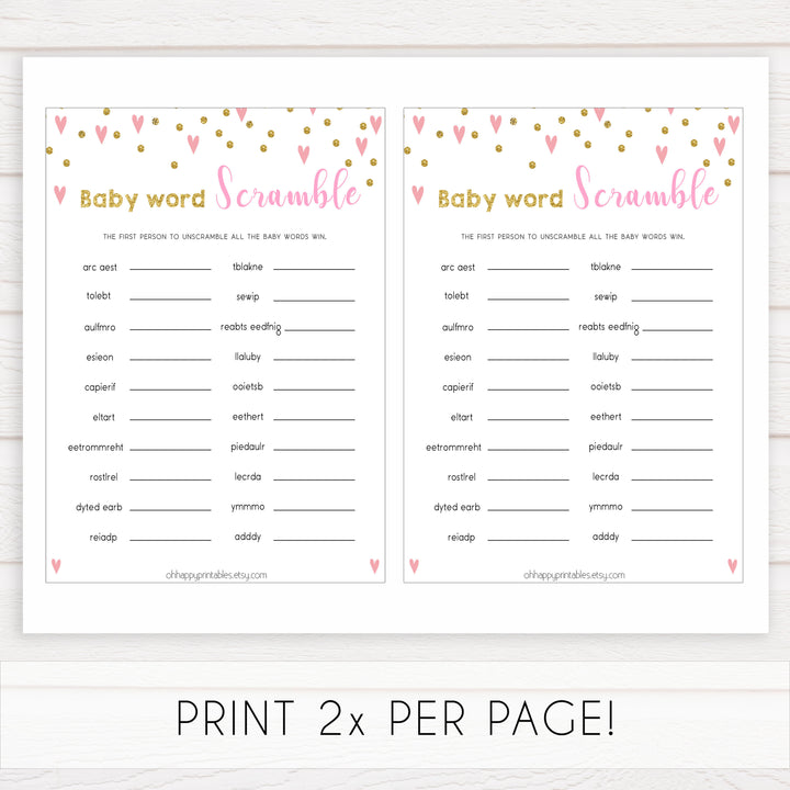 pink hearts baby shower, baby word scramble baby game, printable baby games, pink baby games, girl baby games, top 10 baby games, fun baby games