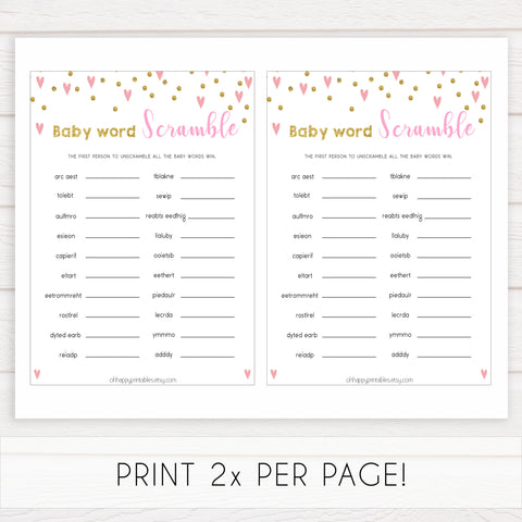 pink hearts baby shower, baby word scramble baby game, printable baby games, pink baby games, girl baby games, top 10 baby games, fun baby games