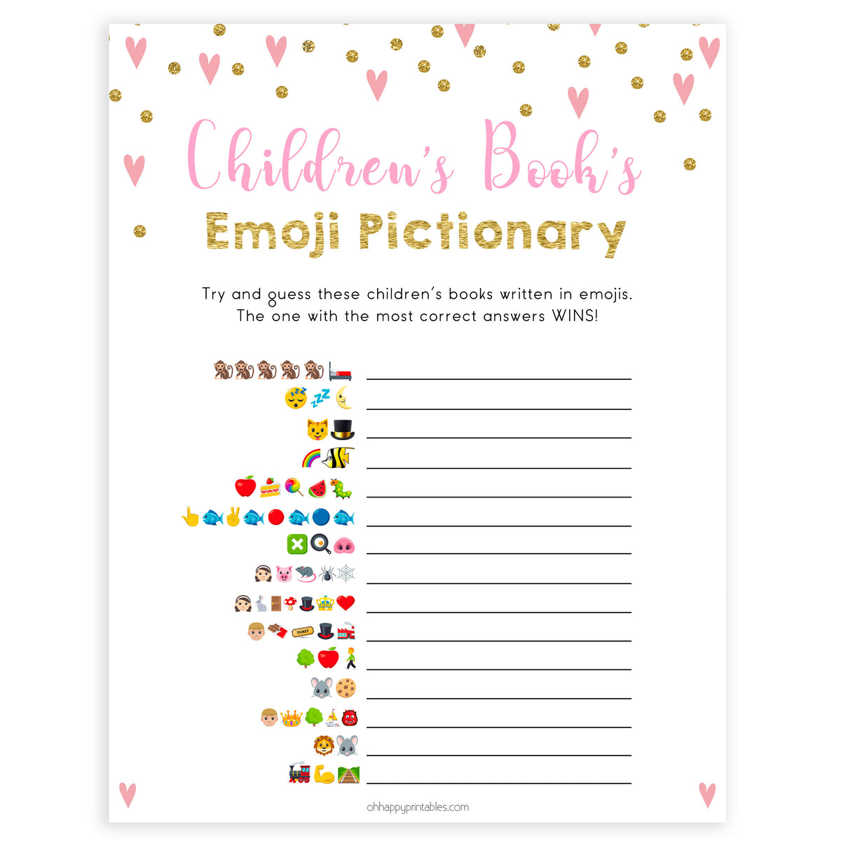 pink hearts baby shower, childrens books emoji pictionary baby game, printable baby games, pink baby games, girl baby games, top 10 baby games, fun baby games