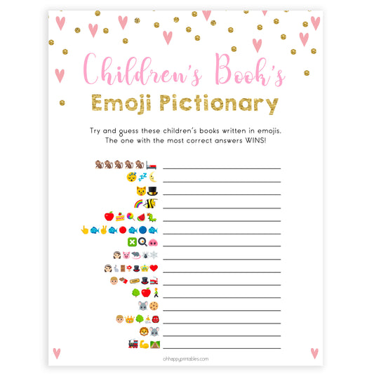 pink hearts baby shower, childrens books emoji pictionary baby game, printable baby games, pink baby games, girl baby games, top 10 baby games, fun baby games