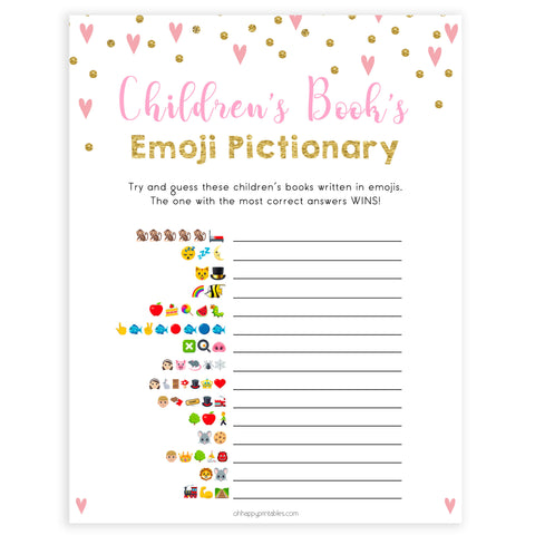 pink hearts baby shower, childrens books emoji pictionary baby game, printable baby games, pink baby games, girl baby games, top 10 baby games, fun baby games