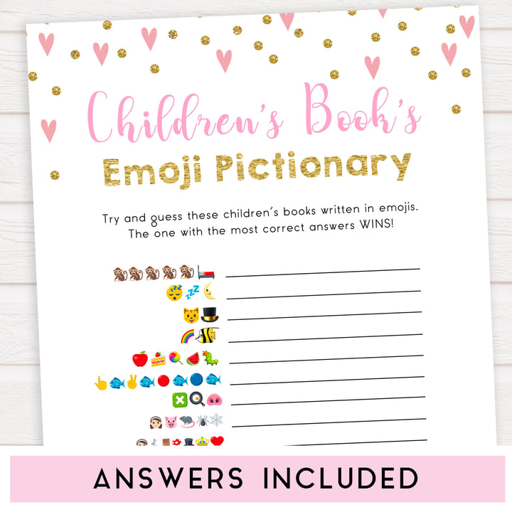 pink hearts baby shower, childrens books emoji pictionary baby game, printable baby games, pink baby games, girl baby games, top 10 baby games, fun baby games