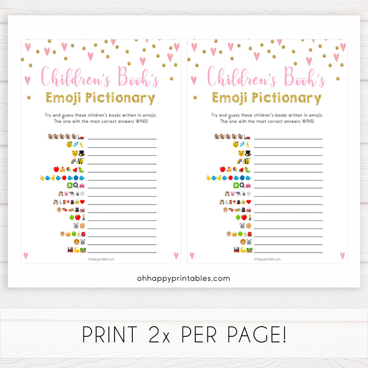 pink hearts baby shower, childrens books emoji pictionary baby game, printable baby games, pink baby games, girl baby games, top 10 baby games, fun baby games