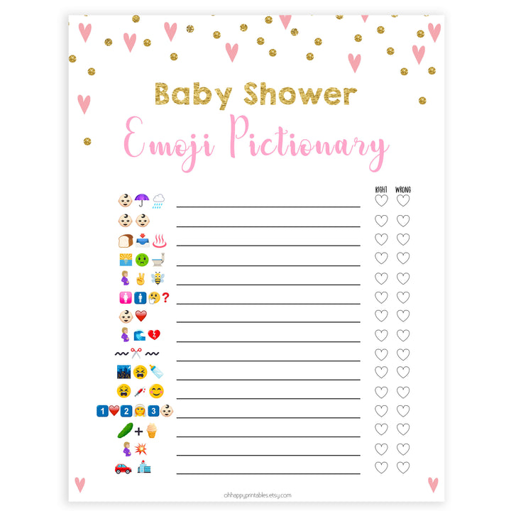 pink hearts baby shower, emoji pictionary baby game, printable baby games, pink baby games, girl baby games, top 10 baby games, fun baby games