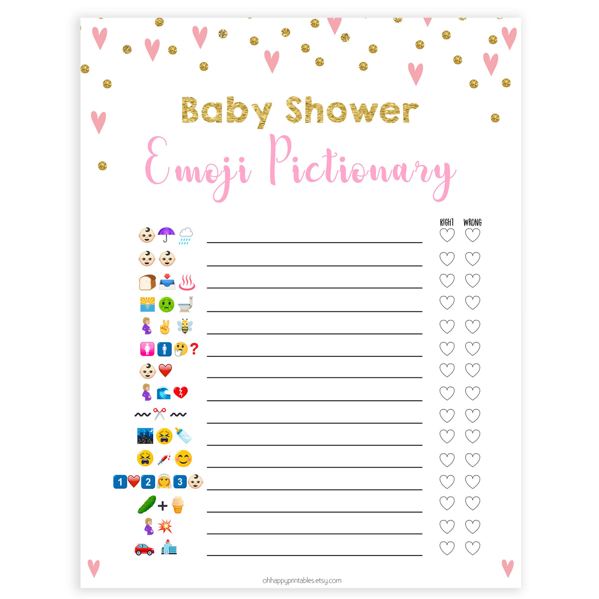 pink hearts baby shower, emoji pictionary baby game, printable baby games, pink baby games, girl baby games, top 10 baby games, fun baby games