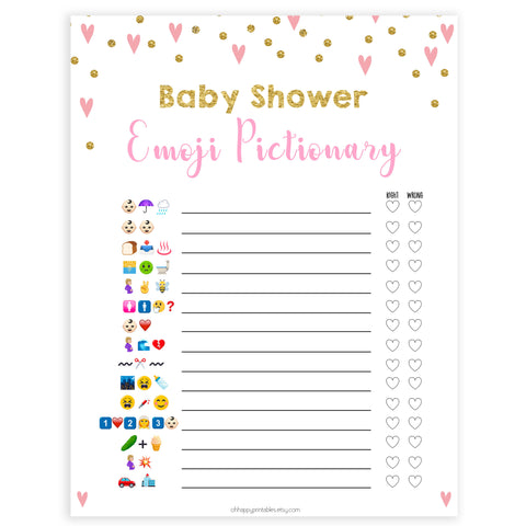 pink hearts baby shower, emoji pictionary baby game, printable baby games, pink baby games, girl baby games, top 10 baby games, fun baby games