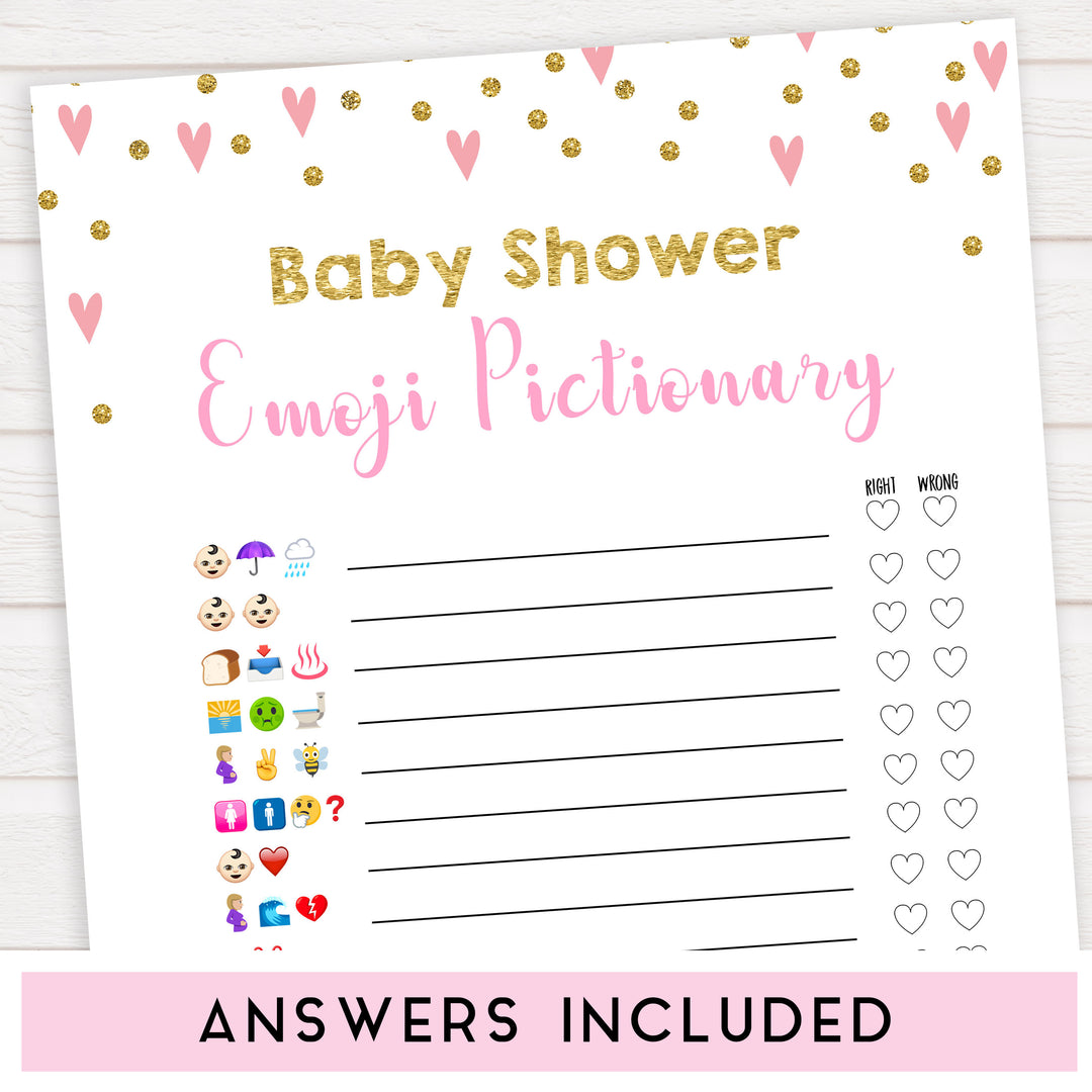 pink hearts baby shower, emoji pictionary baby game, printable baby games, pink baby games, girl baby games, top 10 baby games, fun baby games