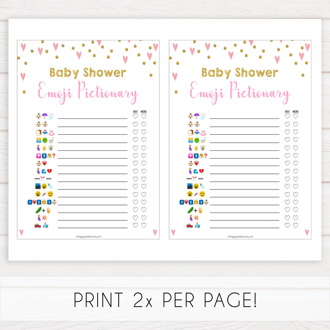 pink hearts baby shower, emoji pictionary baby game, printable baby games, pink baby games, girl baby games, top 10 baby games, fun baby games