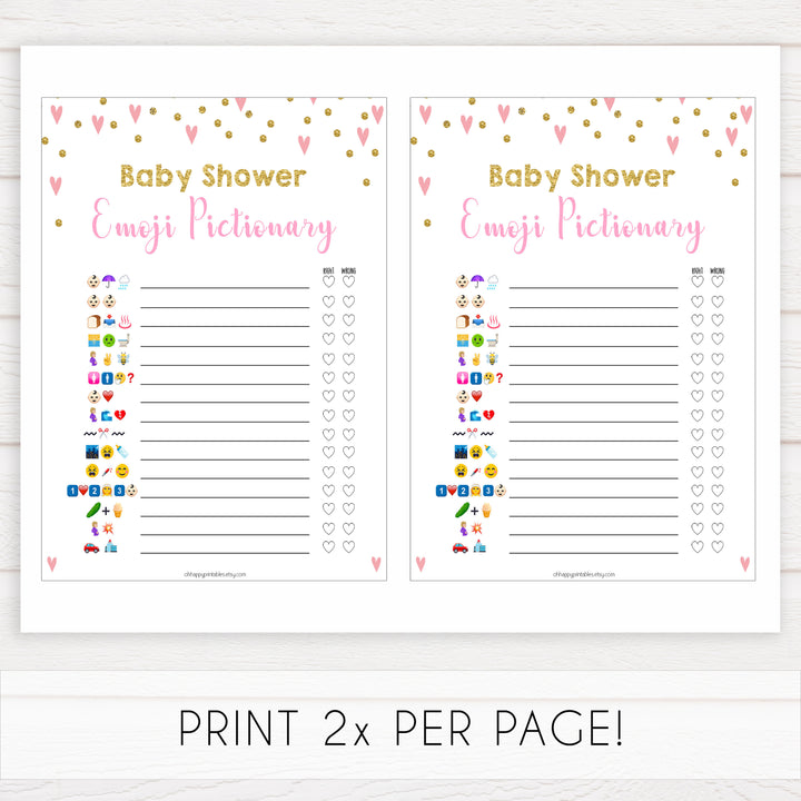 pink hearts baby shower, emoji pictionary baby game, printable baby games, pink baby games, girl baby games, top 10 baby games, fun baby games
