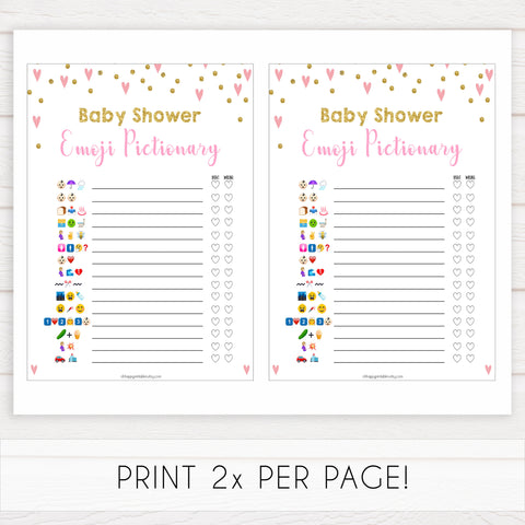 pink hearts baby shower, emoji pictionary baby game, printable baby games, pink baby games, girl baby games, top 10 baby games, fun baby games